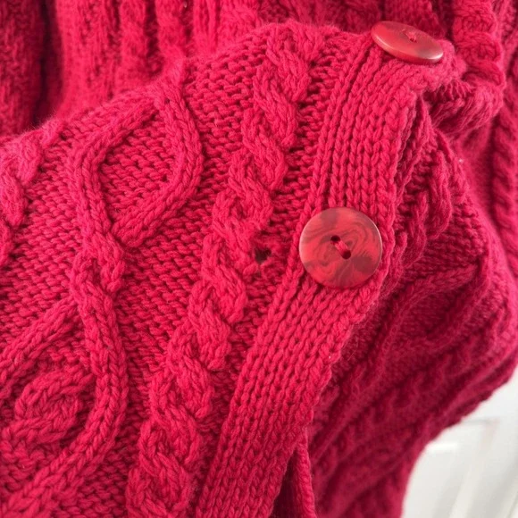 Aran Crafts Long Cardigan Sweater Womens L Red Wool Cable Knit Ireland Fisherman - Picture 13 of 16